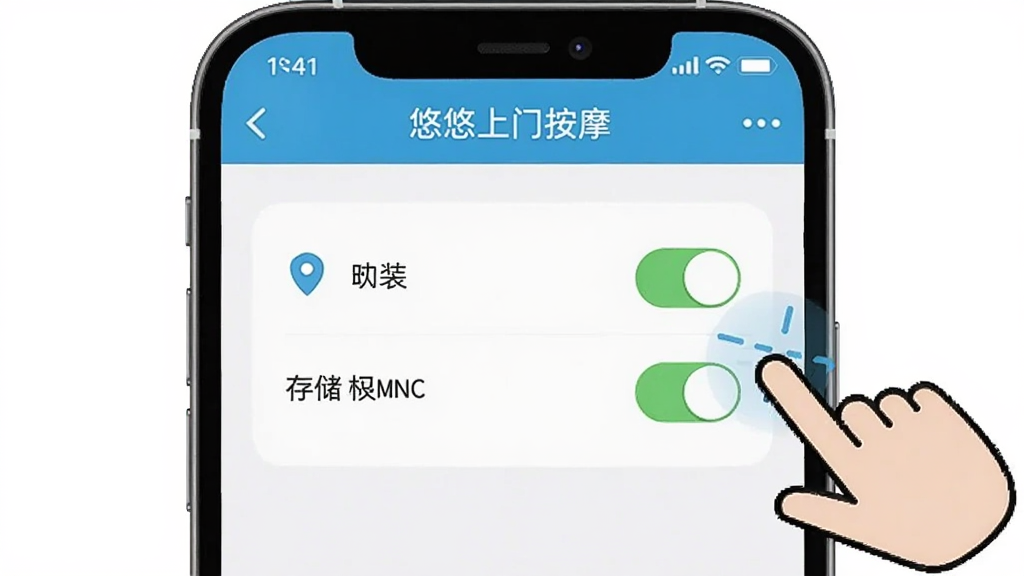 一张AI生成的图片,展示手机屏幕上“悠悠上门按摩”应用的安装权限设置界面,有定位和存储权限开关,旁边有手指点击的示意图,背景简洁,风格教程类,画质干净无多余元素
