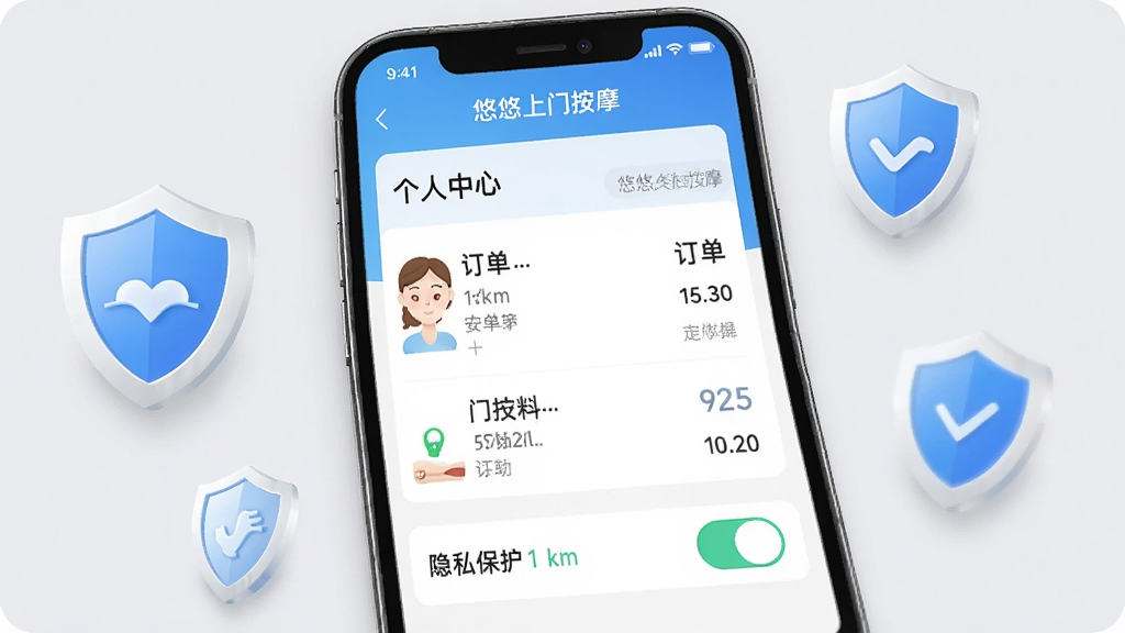 一张AI生成的图片,画面中“悠悠上门按摩”应用的个人中心页面,显示订单列表和隐私保护开关,手机屏幕周围有盾牌图标点缀,背景浅灰色,风格安全可靠,画质干净无多余元素