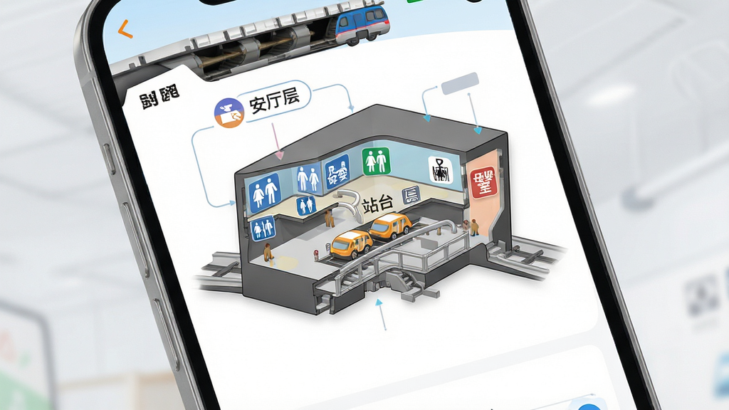一张展示宁波地铁App站点信息与便民服务功能的详细画面,主体是手机屏幕展示车站内部立体示意图,布局为屏幕中央是车站楼层剖面图,标注了站厅层、站台层、卫生间、母婴室、无障碍电梯等图标,排版信息层级分明,风格为信息图表设计感,细节上图标采用圆润线条风格,文字标签清晰可读,画质高清干净,无多余元素,背景为浅灰色。
