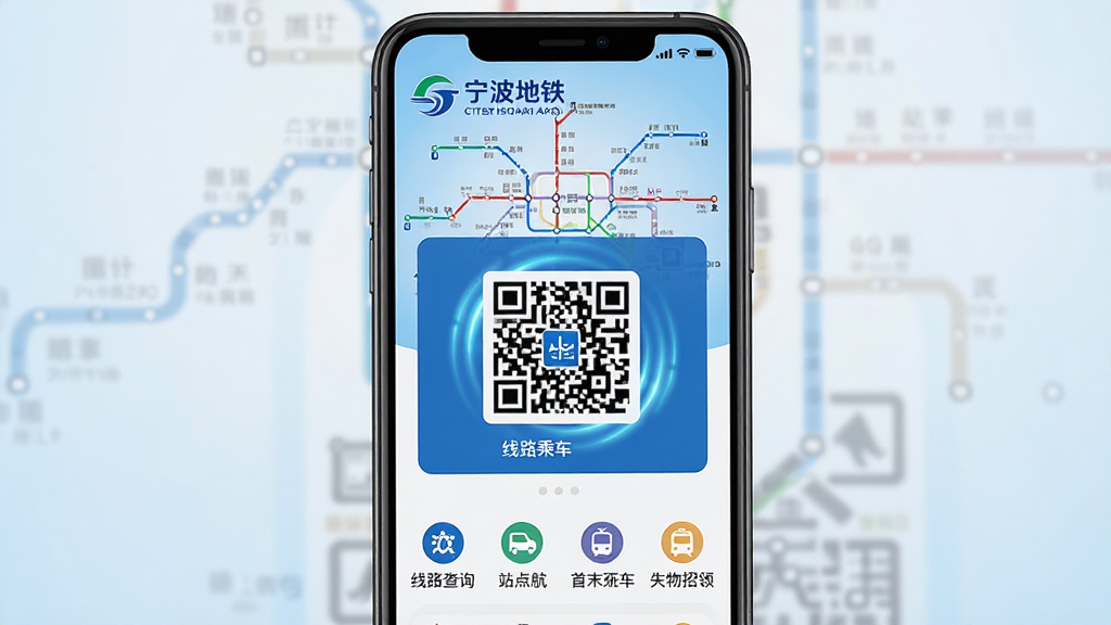 一张手机屏幕展示宁波地铁App主界面的详细画面,主体是一部竖屏智能手机,布局为顶部显示宁波地铁Logo和城市轨道交通线路图背景,中间是醒目的乘车二维码区域,下方排列着线路查询、站点导航、首末班车、失物招领等功能图标,排版整齐清晰,风格为现代扁平化设计,细节上二维码带有微光动效感,背景是淡蓝色渐变,画质高清干净,无多余元素,整体色调以宁波地铁标志性的蓝色和白色为主。