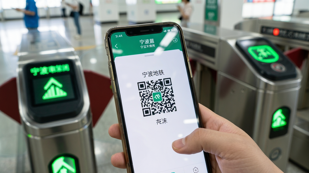 一张展示宁波地铁App乘车码使用场景的详细画面,主体是一只手持智能手机正在扫描地铁闸机,布局为手机屏幕占据画面中心,屏幕上显示清晰的乘车二维码,背景是地铁站闸机口,排版上手机与闸机形成前后景关系,风格为写实生活化摄影感,细节上闸机指示灯为绿色通行状态,手机屏幕反光自然,画质高清干净,无多余元素,整体画面明亮通透。
