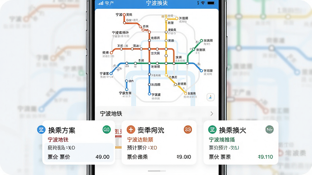 一张展示宁波地铁App线路查询与换乘方案界面的详细画面,主体是手机屏幕特写,布局为上半部分显示宁波地铁线路网络图,下半部分列出三种换乘方案卡片,排版清晰有层次,风格为现代UI设计感,细节上线路图用不同颜色区分各条地铁线,方案卡片标注了预计时间和票价,画质高清干净,无多余元素,整体色调清爽。