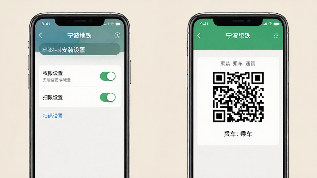 一张展示宁波地铁App在手机端安装设置与扫码乘车的详细画面,主体是手机屏幕显示权限设置页面和乘车码页面并排展示,布局为左右分屏对比,排版清晰,风格为教程示意风格,细节上权限开关和乘车码二维码清晰可见,画质高清干净,无多余元素,背景为纯色。