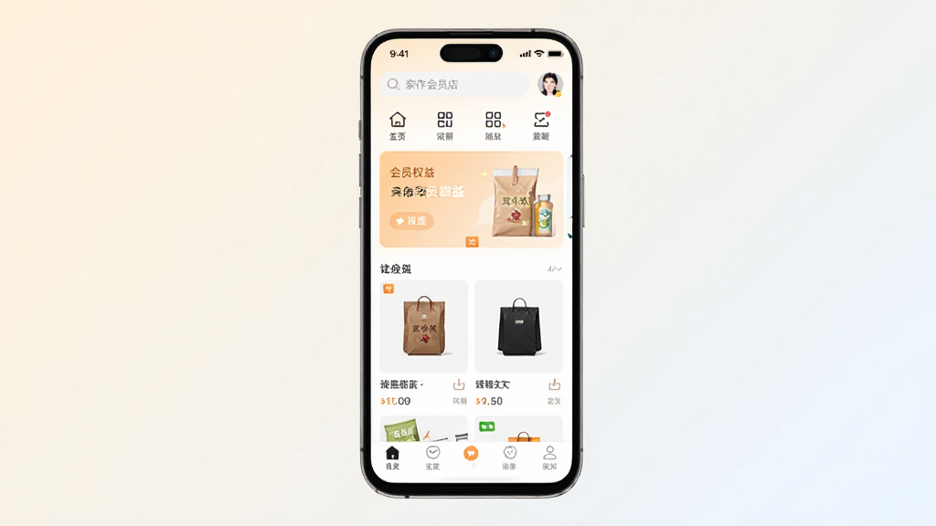 ������Ա��App�������ͼ���ֻ���Ļ����չʾ������Ϊǳɫ���䣬��Ļ����ʾ������Ա����ҳ��������������ͷ���ͼ�꣬�м��ǻ�ԱȨ�濨Ƭ����Ʒ�б����ײ�Ϊ����������������£����������ɾ����޶���Ԫ��