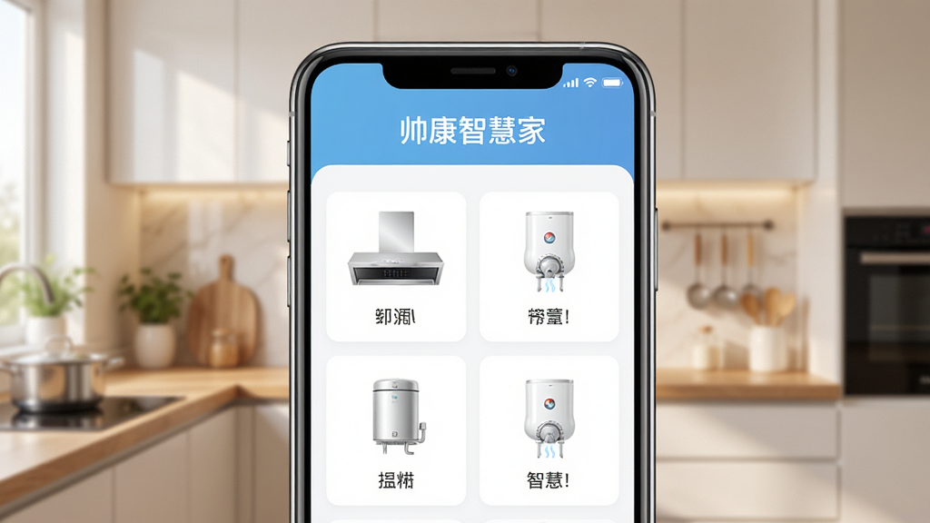 一张展示“帅康智慧家”App主界面的手机屏幕截图,画面中心是手机,屏幕显示设备列表,包含油烟机、热水器图标,顶部有“帅康智慧家”文字,背景是温馨的现代厨房环境,风格简洁明亮,细节清晰,画质干净无多余元素。
