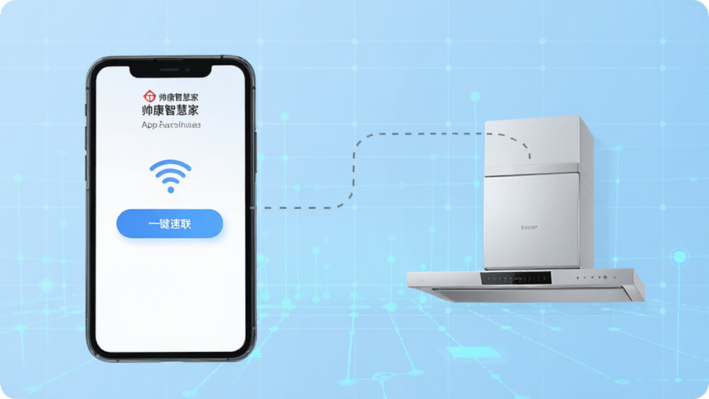 一张展示“帅康智慧家”App配网界面的手机截图,画面中手机屏幕显示“一键速联”按钮和WiFi信号图标,周围有虚线连接手机和油烟机设备,背景是浅蓝色科技感网格,风格扁平化,画质清晰。