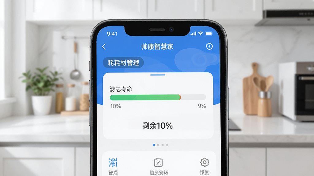 一张展示“帅康智慧家”App耗材管理界面的手机截图,画面中手机屏幕显示滤芯寿命进度条和“剩余10%”提示,背景是干净的厨房台面,风格简洁,画质干净。