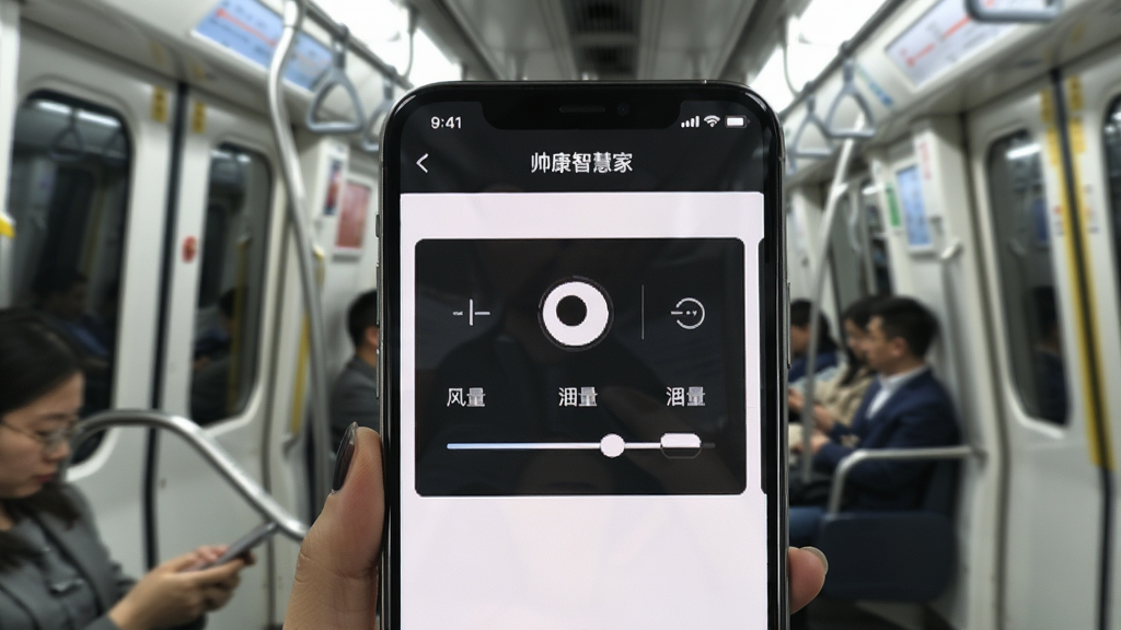 一张展示“帅康智慧家”App远程控制界面的手机截图,画面中手机屏幕显示油烟机控制面板,有开关、风量调节滑块,背景是下班路上地铁车厢,风格生活化,画质干净。