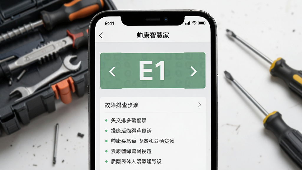 一张展示“帅康智慧家”App故障自检界面的手机截图,画面中手机屏幕显示故障代码“E1”和排查步骤文字,背景是工具箱和螺丝刀元素,风格实用,画质清晰。