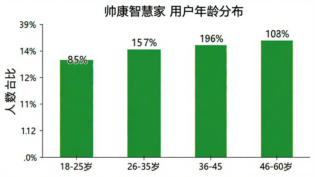一张柱状图,展示“帅康智慧家”用户年龄分布,横轴为18-25岁、26-35岁、36-45岁、46-60岁,纵轴为人数占比,柱子上方标注百分比,风格简洁,画质清晰,背景白色。