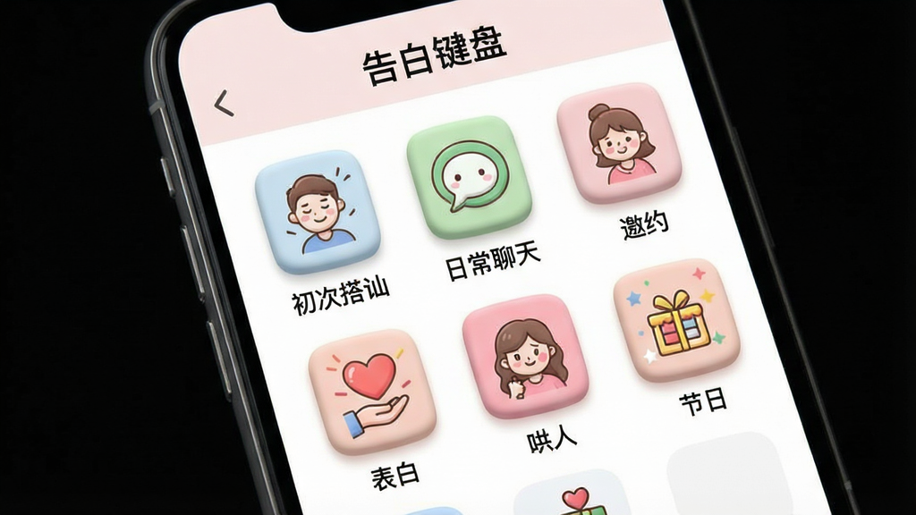 一张展示告白键盘话术分类界面的图片,主体是手机屏幕,屏幕内显示告白键盘的话术分类页面,顶部标题为“告白键盘”,下方是网格状排列的分类图标,包括“初次搭讪”“日常聊天”“邀约”“表白”“哄人”“节日”等,每个图标配有小插画,布局整齐对称,风格可爱清新,细节上图标有轻微立体感,画质高清干净,无多余元素,图片中文字为“告白键盘”。