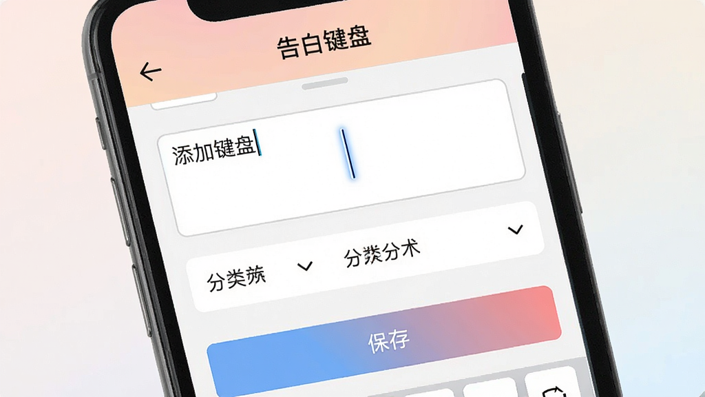 一张展示告白键盘自定义话术编辑界面的图片,主体是手机屏幕特写,屏幕内显示告白键盘的添加话术页面,有文本输入框、分类选择下拉菜单和保存按钮,背景是浅色渐变,布局简洁,风格现代扁平,细节上输入框有光标闪烁效果,画质清晰干净,无多余元素,图片中文字为“告白键盘”。