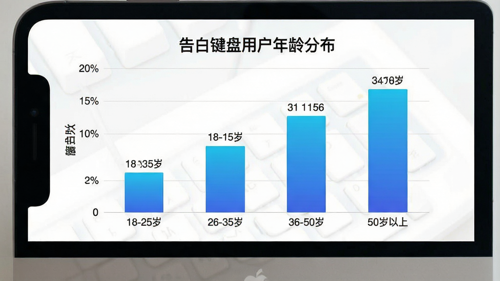 一张展示告白键盘用户年龄分布的柱状图图片,主体是手机屏幕或电脑屏幕上的数据图表,图表标题为“告白键盘用户年龄分布”,横轴为年龄段“18-25岁”“26-35岁”“36-50岁”“50岁以上”,纵轴为百分比,柱状图颜色为蓝色渐变,布局简洁,风格数据可视化,细节上柱子有数据标签,画质高清干净,无多余元素,图片中文字为“告白键盘”。