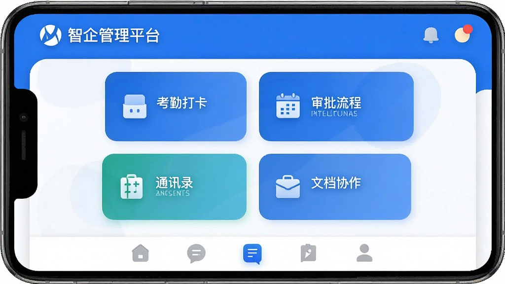 智企管理平台 手机界面 企业办公管理应用 展示考勤打卡、审批流程、通讯录和文档协作四大功能模块 布局为顶部企业LOGO和消息通知 中间四个功能卡片 底部导航栏 风格现代简洁 蓝白配色 细节圆润 画质干净 无多余元素