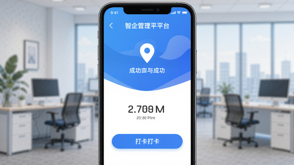 智企管理平台 考勤打卡界面 手机屏幕显示打卡成功动画 背景是办公室场景 屏幕内包含定位图标、时间显示和打卡按钮 风格扁平化 蓝色渐变 画质清晰 无多余元素
