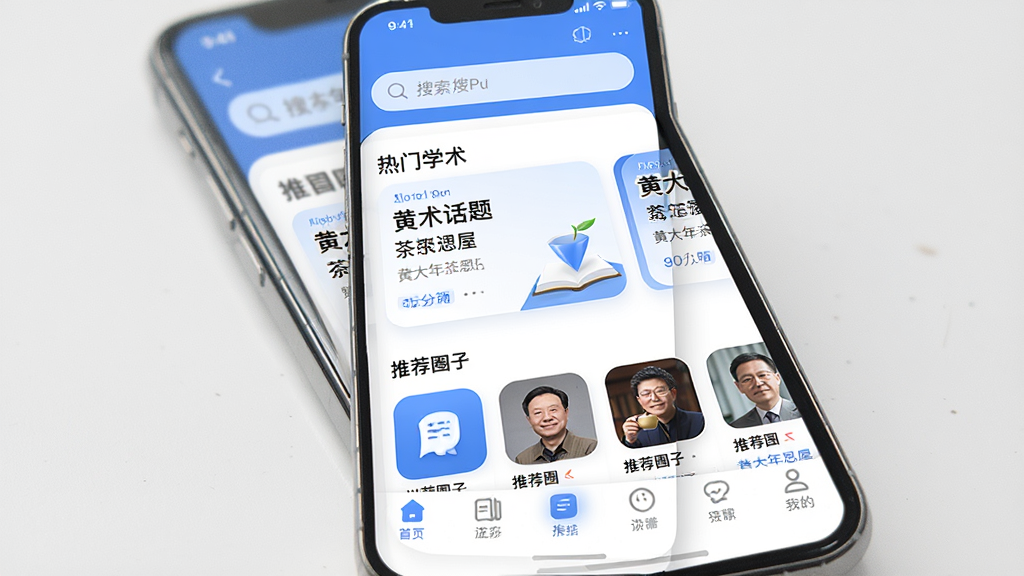һ��չʾ���ƴ����˼�ݡ�App���������ϸͼƬ���������ֻ���Ļ��ʾApp��ҳ�����ֶ��������������м�������ѧ�����⿨Ƭ���Ƽ�Ȧ�ӣ��ײ��ǵ��������Ű�����������ִ���Լ��ϸ���ϲ���������ɫ��ͼ��Բ�󡣻��ʸ��壬�ɾ����޶���Ԫ�ء�