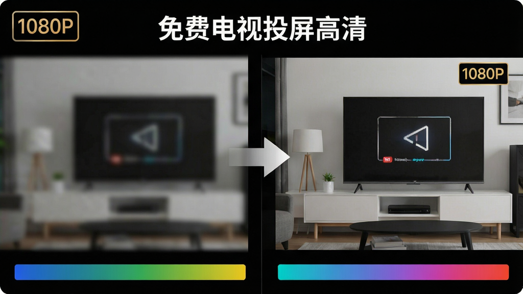 一张展示「免费电视投屏高清」软件投屏高清画质的对比图,左侧是模糊低清画面,右侧是清晰高画质画面,中间有箭头指向右侧,布局为左右对比,风格简洁科技感,细节包含1080P标识和色彩渐变条,画质干净无多余元素