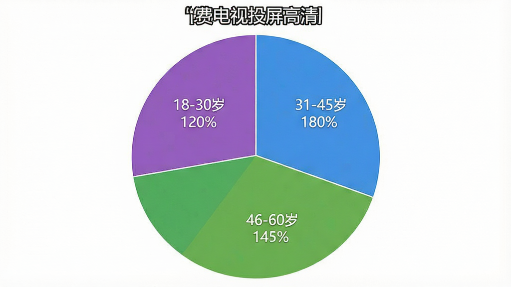 一张展示「免费电视投屏高清」软件用户年龄分布的饼状图,图表分为四个扇区,分别标注18-30岁、31-45岁、46-60岁、60岁以上,布局为圆形饼图,风格简约数据可视化,细节包含百分比数字和颜色区分,画质清晰干净,无多余元素