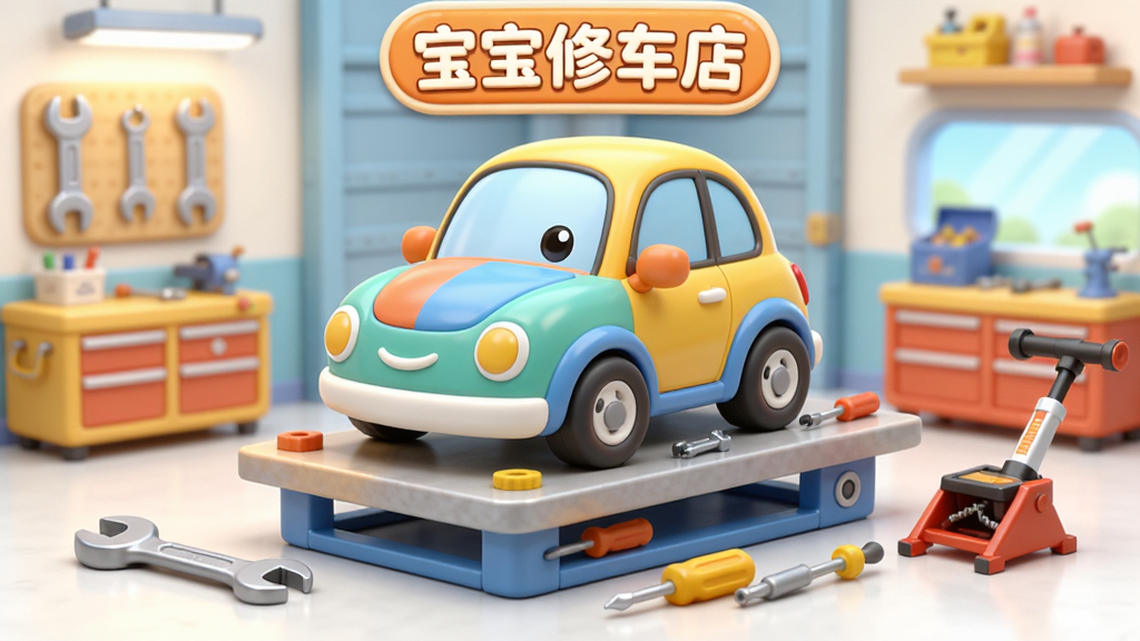 宝宝修车店应用主界面全景展示,画面中央是一辆卡通风格的彩色小汽车停在修车台上,周围摆放着扳手、螺丝刀、千斤顶等修理工具,背景是明亮的汽车修理车间,整体风格为儿童卡通3D渲染,色彩鲜艳柔和,布局清晰,细节圆润可爱,画质干净无多余元素,画面中带有“宝宝修车店”文字标识
