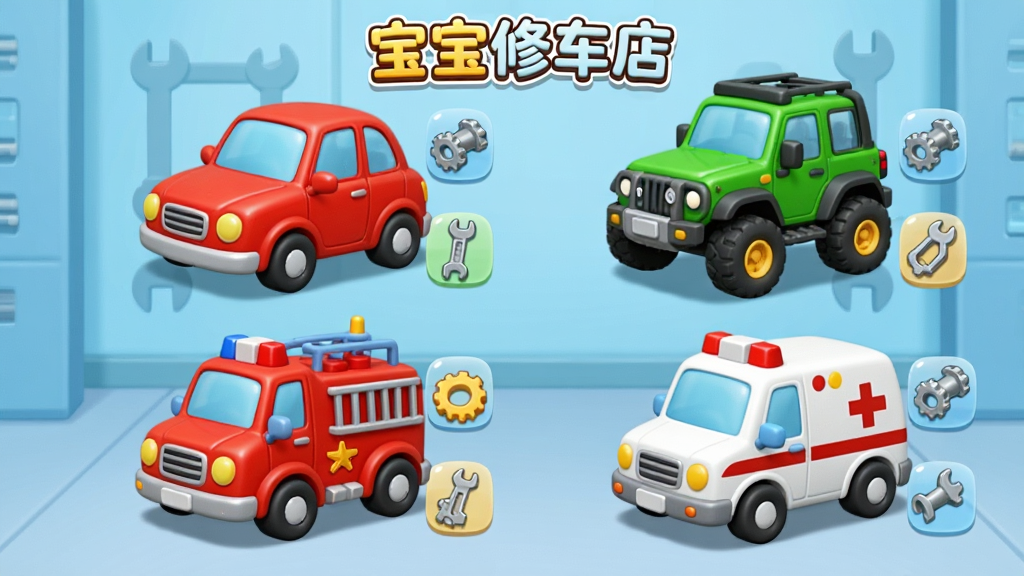 宝宝修车店游戏内车辆选择界面,画面中排列着四辆卡通风格的汽车,分别是一辆红色小轿车、一辆绿色越野车、一辆红色消防车和一辆白色救护车,每辆车旁边有对应的零件图标,背景是浅蓝色的修理车间墙面,风格为儿童卡通3D渲染,色彩明亮,布局整齐,细节圆润,画质干净无多余元素,画面中带有“宝宝修车店”文字