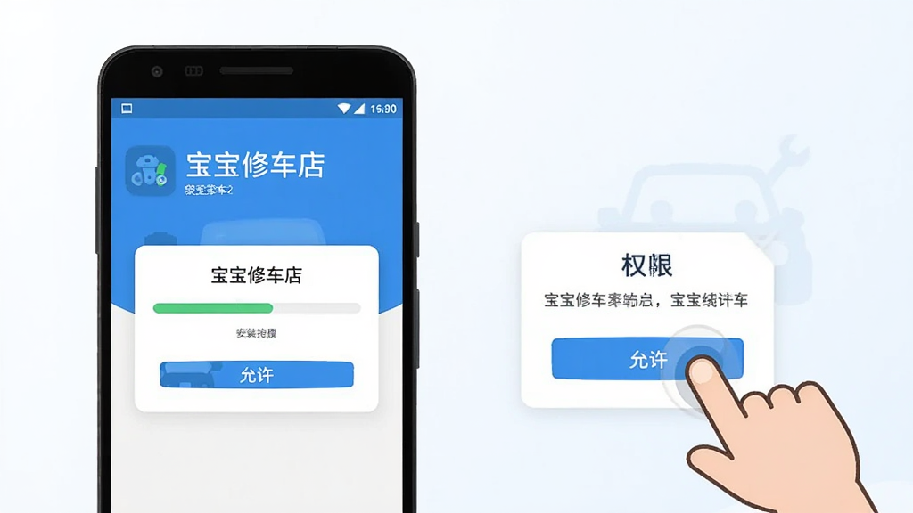宝宝修车店手机端安装步骤示意图,画面中展示一部安卓手机屏幕,屏幕上显示应用安装进度条和权限开启提示弹窗,旁边有卡通手指指向“允许”按钮,背景简洁,风格为扁平化UI展示,色彩以蓝白为主,细节清晰,画质干净无多余元素,画面中带有“宝宝修车店”文字
