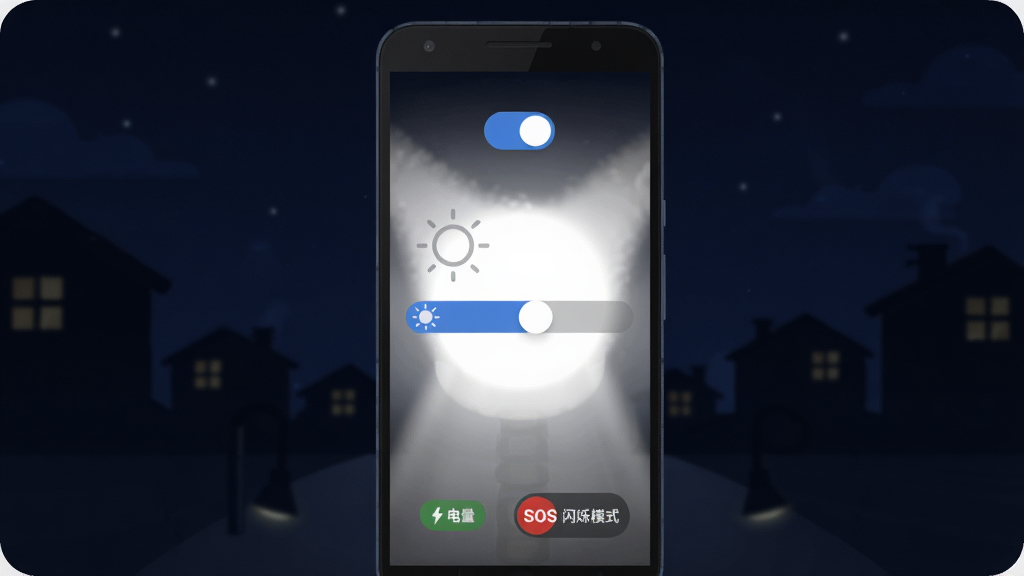 一张展示超级手电筒App主界面的手机截图风格图片,画面中央是一部安卓手机,屏幕显示超级手电筒已开启的明亮白色光源,界面布局简洁,顶部有开关按钮,中间是亮度调节滑块,底部显示电量与SOS闪烁模式选项,背景为深色夜晚环境,整体风格现代扁平,细节圆润,画质干净清晰,无多余元素