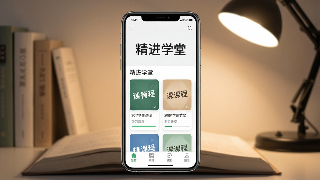 һ��չʾ����ѧ��APP����ȫò��ͼƬ���ֻ���Ļ������ʾ����ѧ���ĸ����ֺͼ��Ŀγ̿�Ƭ�б�����������͵��鱾��̨�ƹ�Ӱ������Ϊ�����ֻ�����չʾ���Ű����������Ϊ�ִ���ƽ�������磬ϸ�ڰ����γ̷��桢ѧϰ�������͵ײ������������ʸ��壬�ɾ����޶���Ԫ��