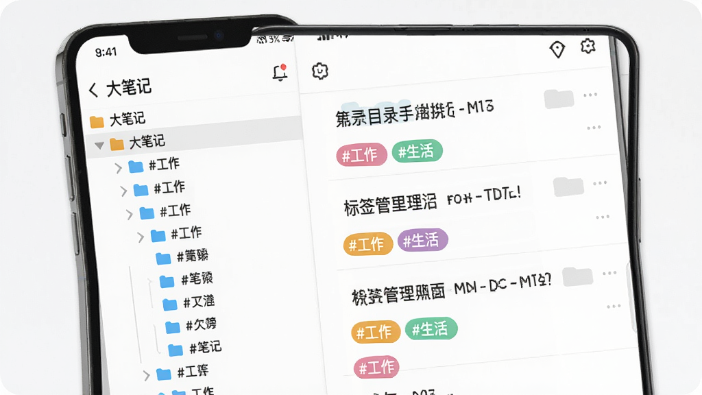 一张展示“大笔记”多级目录与标签管理功能的图片,画面中手机屏幕显示“大笔记”应用界面,左侧是树状文件夹目录,右侧是笔记列表,每条笔记下方有彩色标签如“#工作”、“#生活”,界面整洁,风格现代,画质清晰,无多余元素。