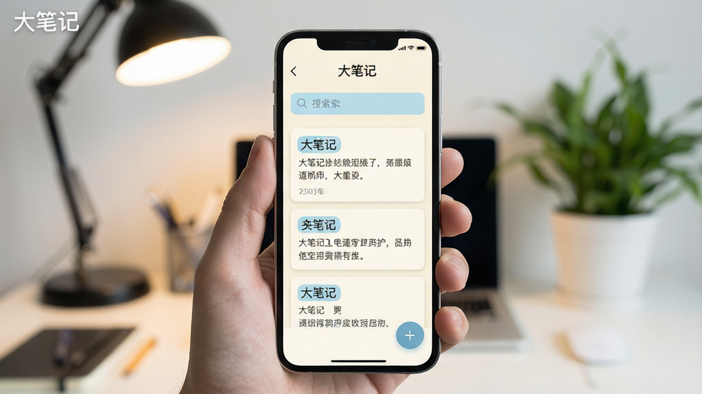 一张展示“大笔记”手机应用主界面的图片,画面中央是一部手持智能手机,屏幕上显示“大笔记”应用的主界面,界面以米白色和浅蓝色为主,顶部有搜索栏,中间是笔记卡片列表,卡片上显示标题和摘要,右下角有一个圆形加号按钮,手机背景是模糊的书桌场景,有台灯和绿植,整体风格简洁清新,画质清晰,细节丰富,无多余元素。