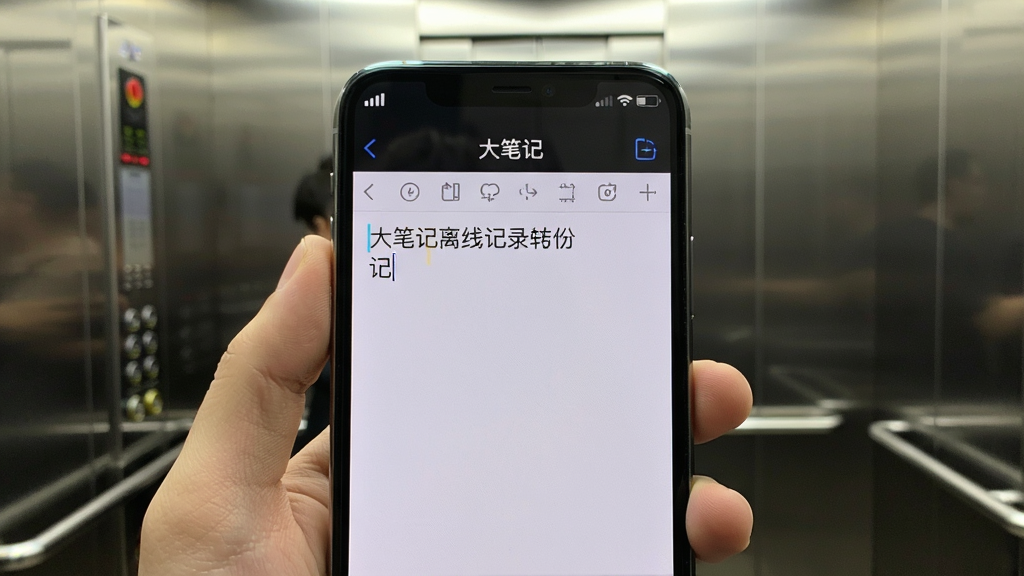 一张展示“大笔记”离线记录功能的图片,画面中一只手拿着手机,手机屏幕显示“大笔记”应用界面,顶部状态栏显示无信号图标,但笔记编辑区域光标闪烁,文字正在输入,背景是电梯内部,整体风格写实,画质清晰,突出离线可用的便捷性,无多余元素。