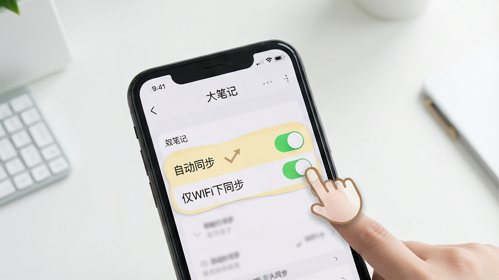 一张展示“大笔记”移动端使用技巧的图片,画面中一部手机显示“大笔记”设置界面,高亮显示“自动同步”和“仅WiFi下同步”开关,旁边有手指点击的动画指示,背景是简洁的桌面,风格清晰,画质干净,无多余元素。