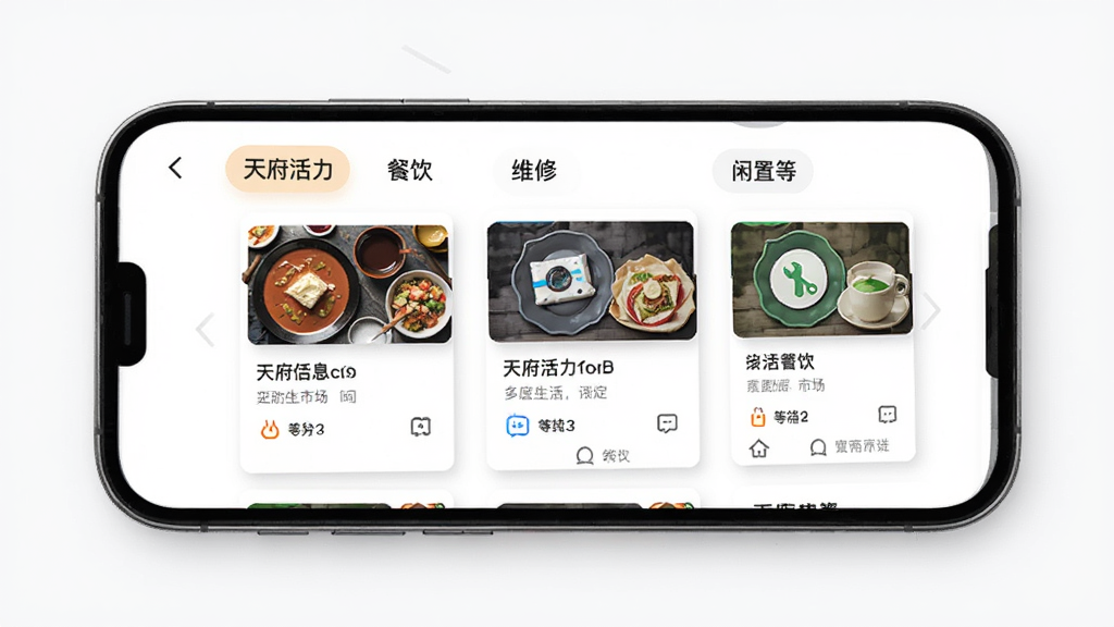 �츮�����г�App��ҳ����չʾ������Ϊ�ֻ���Ļ����Ļ����ʾ�츮�����г�����������Ϣ�б�ҳ������������ά�ޡ����õȷ����ǩ�����ֲ��ÿ�Ƭʽ���У��Ű������׶������Ϊ�ִ���ƽ����ƣ�ϸ���Ͽ�Ƭ����΢��Ӱ��ͼ���࣬���ʸ��壬�ɾ��޶���Ԫ��