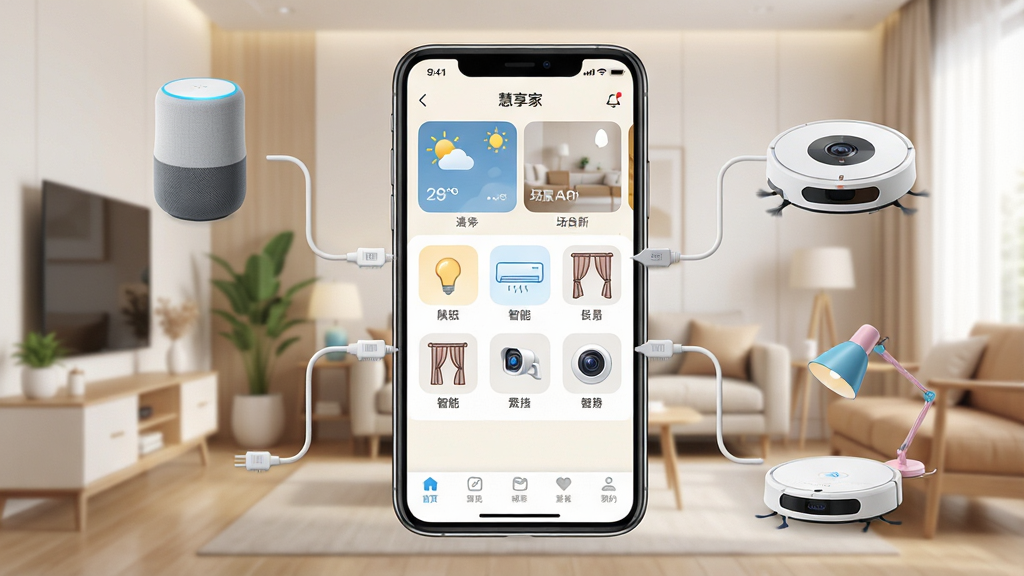 一张展示慧享家App核心全貌的图片,画面中央是一部智能手机,手机屏幕上显示着慧享家的主界面,界面以浅色为主,顶部有天气和场景卡片,中间是各种智能设备的图标,比如灯泡、空调、窗帘、摄像头,底部有导航栏。手机周围漂浮着一些连接线,连接到周围的智能家居设备,比如智能音箱、扫地机器人、智能台灯。背景是温馨的现代家居环境,风格简洁明亮,细节清晰,画质干净,无多余元素。