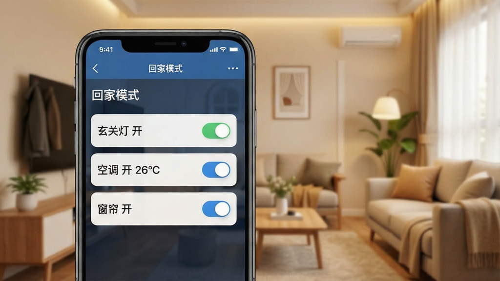 一张展示慧享家App场景编辑界面的图片,手机屏幕显示着“回家模式”的编辑页面,有“玄关灯 开”、“空调 开 26℃”、“窗帘 开”等选项,每个选项旁边都有开关按钮。背景是温馨的家居环境,风格简洁,细节清晰,画质干净,无多余元素。
