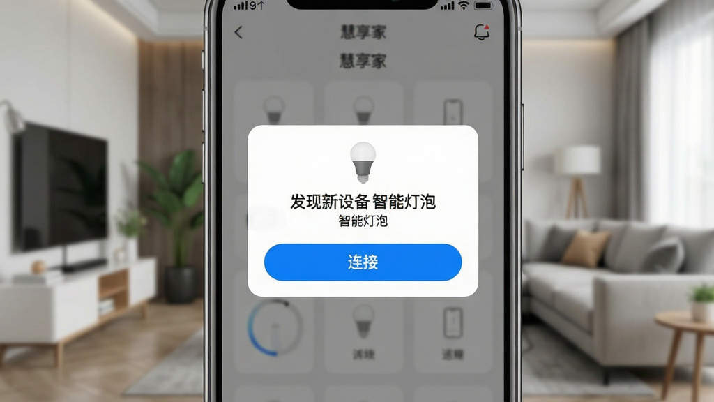 一张展示慧享家App发现设备界面的图片,手机屏幕特写,界面中央有一个弹窗,写着“发现新设备 智能灯泡”,下方有一个蓝色的“连接”按钮。背景是模糊的客厅场景,风格现代,细节清晰,画质干净,无多余元素。