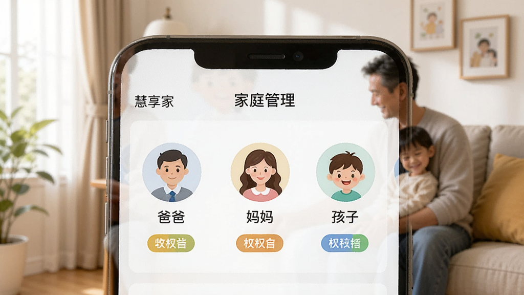 一张展示慧享家App家庭成员管理界面的图片,手机屏幕显示着“家庭管理”页面,有“爸爸”、“妈妈”、“孩子”三个头像,每个人后面有不同的权限标签。背景是温馨的家庭场景,风格简洁,细节清晰,画质干净,无多余元素。