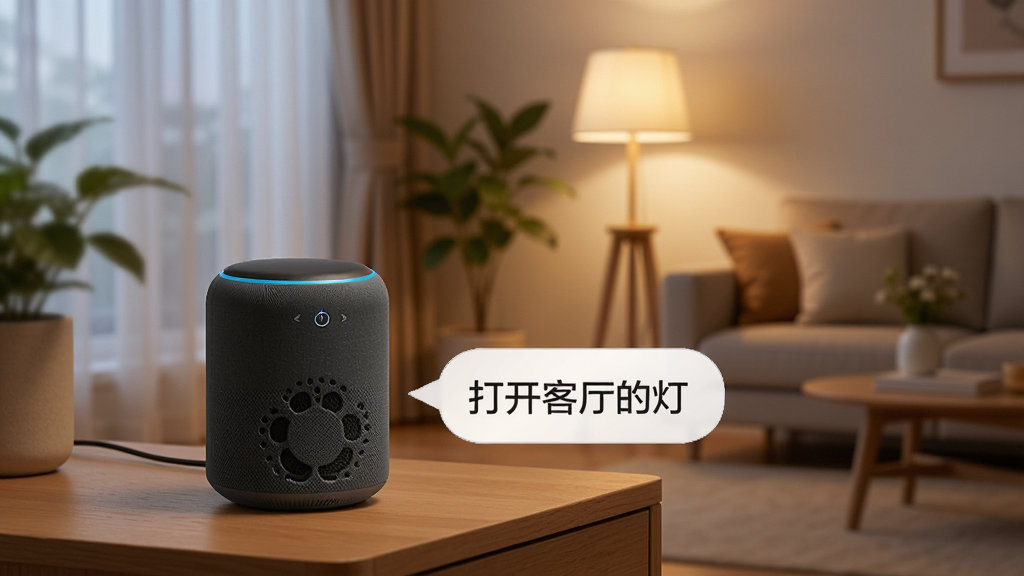 一张展示用户通过智能音箱语音控制慧享家设备的图片,画面中一个智能音箱放在桌上,旁边有一个对话气泡,写着“打开客厅的灯”,背景中客厅的灯亮起。风格温馨,细节清晰,画质干净,无多余元素。