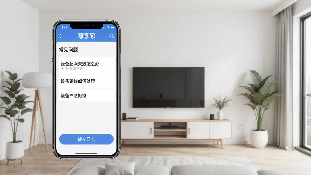 一张展示慧享家App帮助与反馈界面的图片,手机屏幕显示着常见问题列表,比如“设备配网失败怎么办”、“设备离线如何处理”,下方有“提交日志”按钮。背景是简洁的室内环境,风格现代,细节清晰,画质干净,无多余元素。