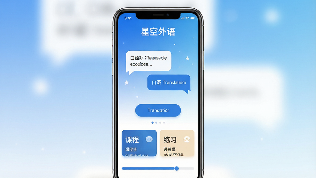 一张展示“星空外语”应用核心界面的手机屏幕截图,主体是手机屏幕,布局居中,排版清晰,风格是现代扁平化设计,细节包括蓝白渐变的主色调,顶部有“星空外语”文字标识,中间是醒目的口语对话气泡和翻译按钮,底部是课程卡片和练习进度条,画质干净,无多余元素,高清,无多余修饰