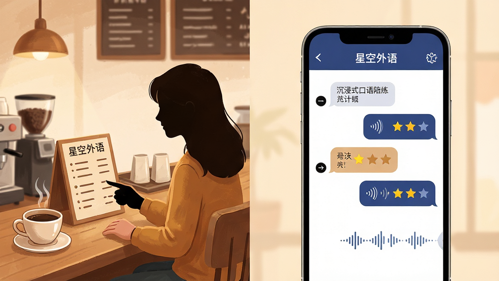 一张展示“星空外语”沉浸式口语陪练功能的AI生图,主体是手机屏幕和人物剪影,布局采用左右分屏,左侧是人物在咖啡厅点餐的场景,右侧是手机屏幕上显示的“星空外语”对话界面,排版上对话气泡和发音评分清晰可见,风格是温馨写实的插画风,细节包括咖啡杯、菜单和音波图标,画质干净,无多余元素,高清