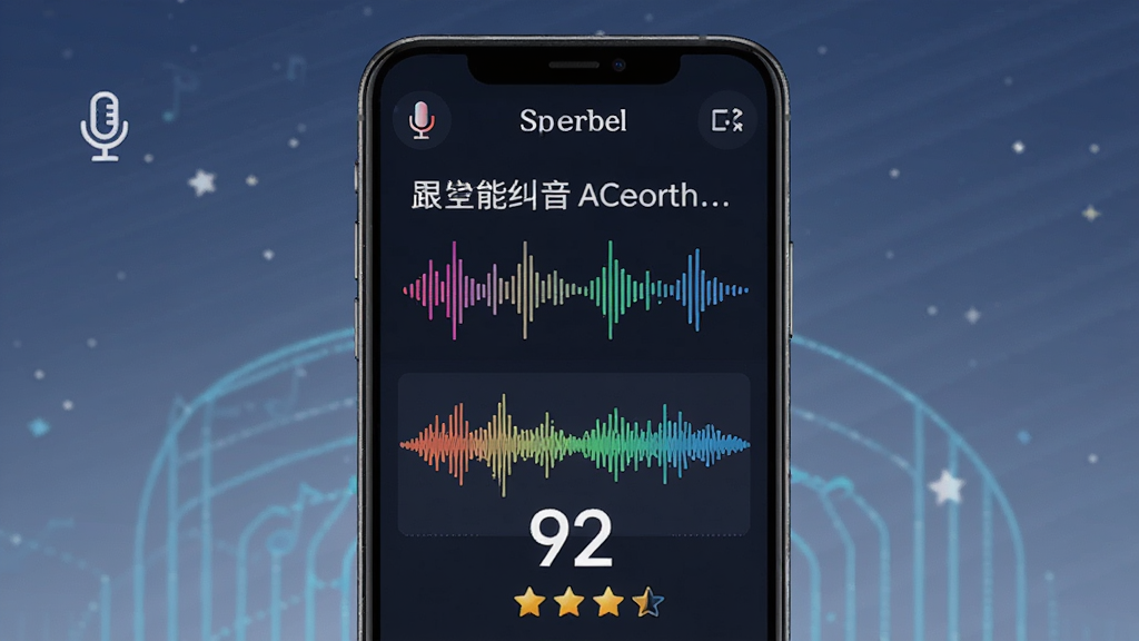 一张展示“星空外语”AI智能纠音功能的AI生图,主体是手机屏幕上的声波图,布局是上方显示跟读句子,下方显示彩色声波和分数“92”,排版简洁明了,风格是科技感数据可视化,细节包括麦克风图标和评分星星,画质干净,无多余元素,高清