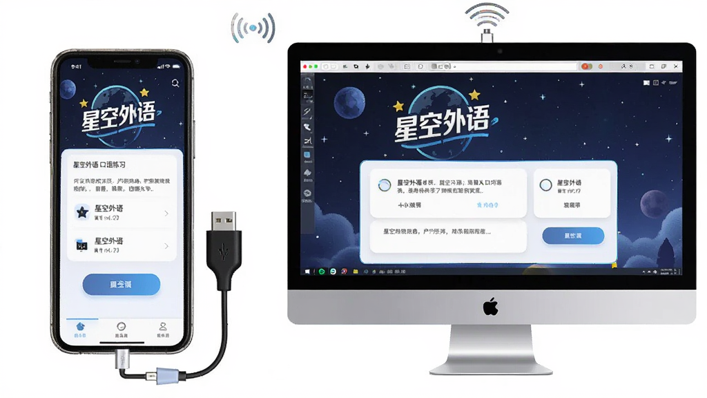 一张展示“星空外语”在手机和电脑模拟器上运行对比的AI生图,主体是手机和电脑屏幕,布局是左侧手机显示“星空外语”口语练习界面,右侧电脑模拟器显示相同界面,排版对比清晰,风格是科技数码风,细节包括数据线连接和投屏图标,画质干净,无多余元素,高清