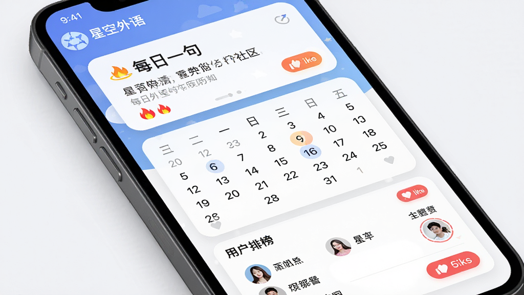 一张展示“星空外语”每日一句与打卡社区功能的AI生图,主体是手机屏幕界面,布局是上方显示“每日一句”卡片,中间是打卡日历,下方是用户排行榜,排版清晰,风格是清新活泼的社交风,细节包括火焰图标、点赞按钮和用户头像,画质干净,无多余元素,高清