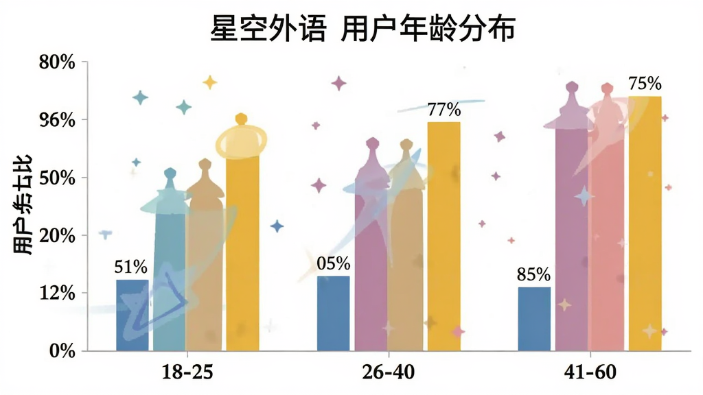 一张展示“星空外语”用户年龄分布的柱状图,主体是图表,布局是横轴为年龄段18-25、26-40、41-60,纵轴为用户占比百分比,排版清晰,风格是扁平化数据图表,细节包括不同颜色的柱子和百分比标签,画质干净,无多余元素,高清