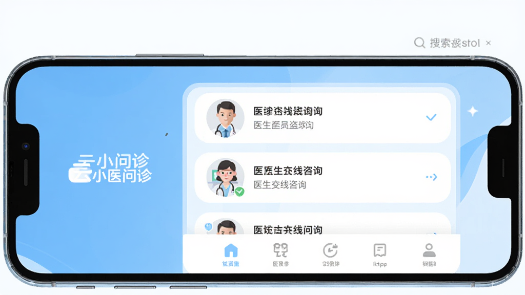 ������һ�����������ֻ����棬��Ļ����ʾ�š���Сҽ��������ֱ�ʶ�����沼���Ƕ��������������м���ҽ��������ѯ���б����ײ��ǹ��ܵ��������Ű��������ˣ�����Ǳ�ƽ���ִ�ҽ�Ʒ磬ϸ����ͼ��Բ�󣬱����Ǹɾ��İ�ɫ��ǳ��ɫ�����ʸ����޶���Ԫ�ء�