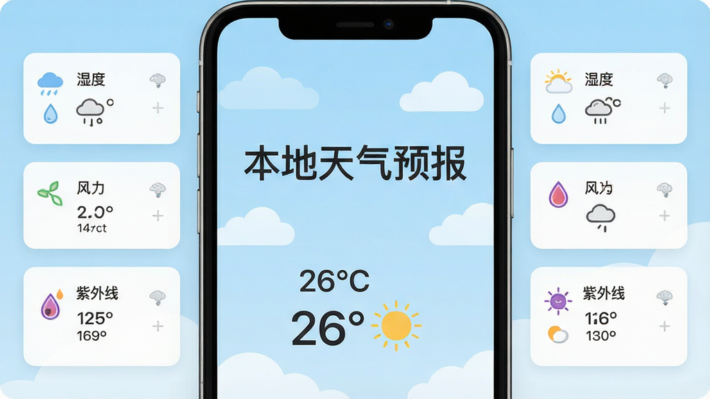一张手机屏幕展示天气应用的主界面,画面中央是“本地天气预报”几个大字,背景是淡蓝色天空和几朵白云,下方显示温度26°C和晴天的图标,周围分布着湿度、风力、紫外线等小卡片,布局简洁清晰,风格现代扁平,画质干净,无多余元素