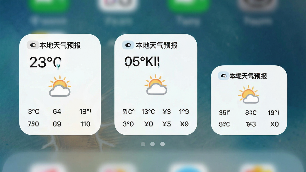 一张手机主屏幕截图,桌面上放置了三个不同尺寸的“本地天气预报”小组件,分别显示当前温度、天气图标和未来几小时趋势,背景是手机壁纸,小组件设计圆润,文字清晰,风格简约现代,画质干净无多余元素