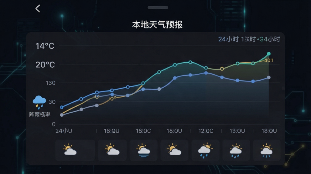 一张手机界面展示“本地天气预报”的24小时逐小时预报图表,横轴是时间,纵轴是温度和降雨概率,曲线清晰,下方有对应的天气图标,背景为深色模式,风格科技感,画质干净无多余元素