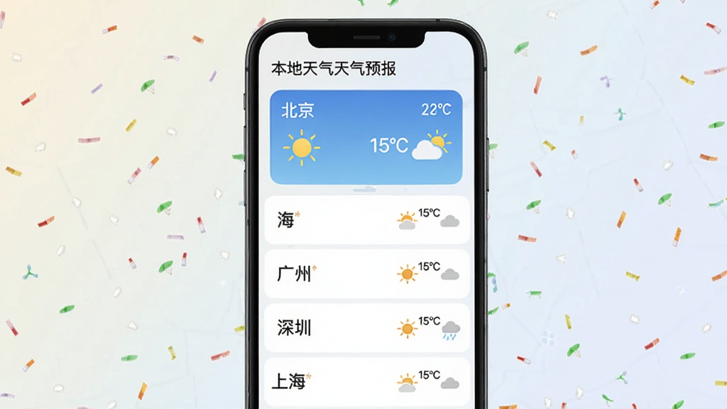 一张手机界面展示“本地天气预报”的多城市管理页面,顶部是当前城市“北京”的天气卡片,下方列表整齐排列着上海、广州、深圳等城市,每个城市右侧显示温度和天气图标,背景为浅色渐变,风格清爽,画质干净无多余元素