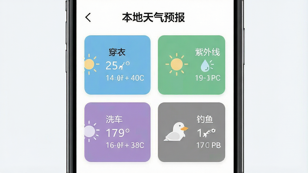 一张手机界面展示“本地天气预报”的生活指数页面,包含穿衣、紫外线、洗车、钓鱼等图标和文字说明,每个卡片颜色不同但和谐,布局为两列网格,风格清新,画质干净无多余元素